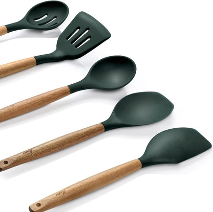 Non-Stick Silicone Cooking Utensils Set with Natural Acacia Hard Wood Handle, 5 Piece, High Heat Resistant (Green)8