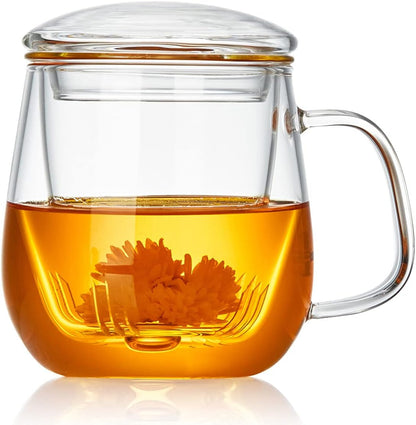 Glass Tea Cup with Infuser and Lid, 17.6Oz/520Ml Large Borosilicate Teacup,Tea Glass, Clear Mug for Loose Leaf Tea, Blooming Tea, Microwave & Dishwasher Safe - Tea Maker Gift for Birthday.1