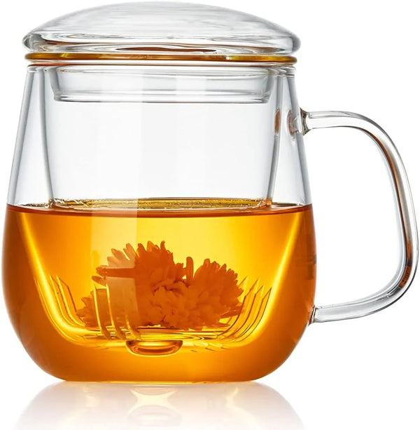 Glass Tea Cup with Infuser and Lid, 17.6Oz/520Ml Large Borosilicate Teacup,Tea Glass, Clear Mug for Loose Leaf Tea, Blooming Tea, Microwave & Dishwasher Safe - Tea Maker Gift for Birthday.1