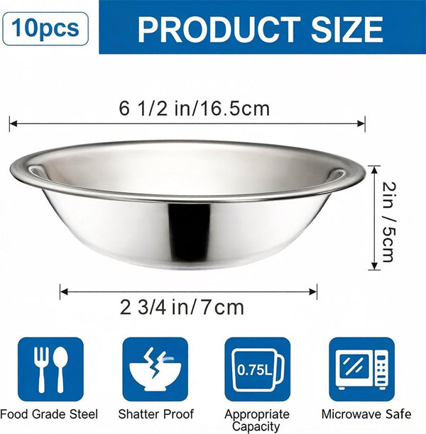 10 Pack Small Stainless Steel Bowls, 6 1/2 Inch Wide Kitchen Metal Bowl with Flat Base, 3/4 Quart Prep Bowls for Meal Prep, Cooking, Serving, Baking2