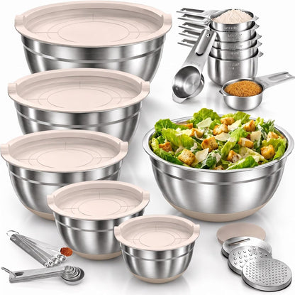 7QT 30PCS Mixing Bowls with Lids Set, 7QT to 1QT Stainless Steel Nesting Bowls with Graters, Non-Slip Silicone Bottom, Large Khaki Bowls & 21 Measuring Cups and Spoons Set Kitchen Appliances1