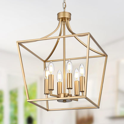 6-Light Gold Large Cage Chandelier, Modern Pendant Light Fixtures Kitchen Island Lighting for Foyer Hallway Entryway, E12 Bulb Base1