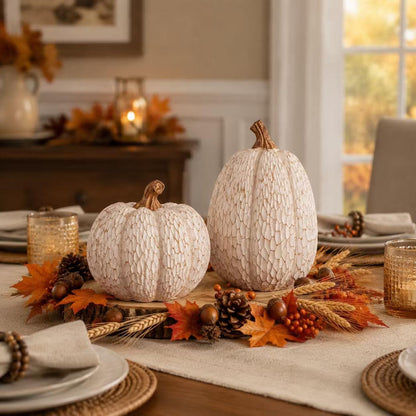 Fall Pumpkin Decor, Set of 2 Resin Pumpkins, Thanksgiving Decor | Elegant Textured White Pumpkins, Fall Decor Accent for Thanksgiving Table Centerpiece, Mantel, Shelf and Autumn Home Decor.5
