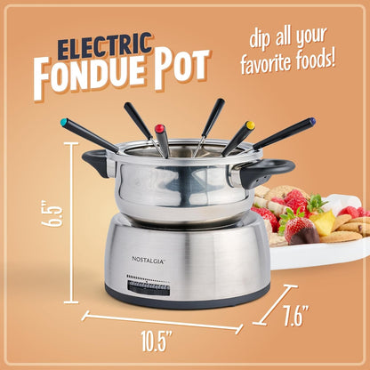 FPS200 6-Cup Stainless Steel Electric Fondue Pot with Temperature Control, 6 Color-Coded Forks and Removable Pot - Perfect for Chocolate, Caramel, Cheese, Sauces and More2