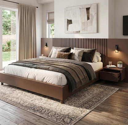 King Size Platform Bed with Built-In Nightstands and Reading Lights, Vertical Slatted Headboard, Heavy Duty Noise-Free Wood Bed Frame with Wood Slats Support,Walnut1