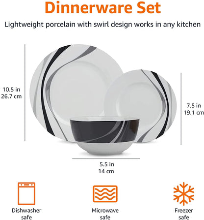 18-Piece Complete Kitchen Dinnerware Set, Microwave and Dishwasher Safe, Plates, Dishes, Bowls, Swirl, Heat Resistant, Service for 6, Everyday Use6