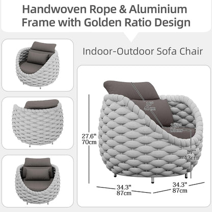Aluminum Patio Sofa Chair, Handwoven Rope Balcony Furniture, Gray2