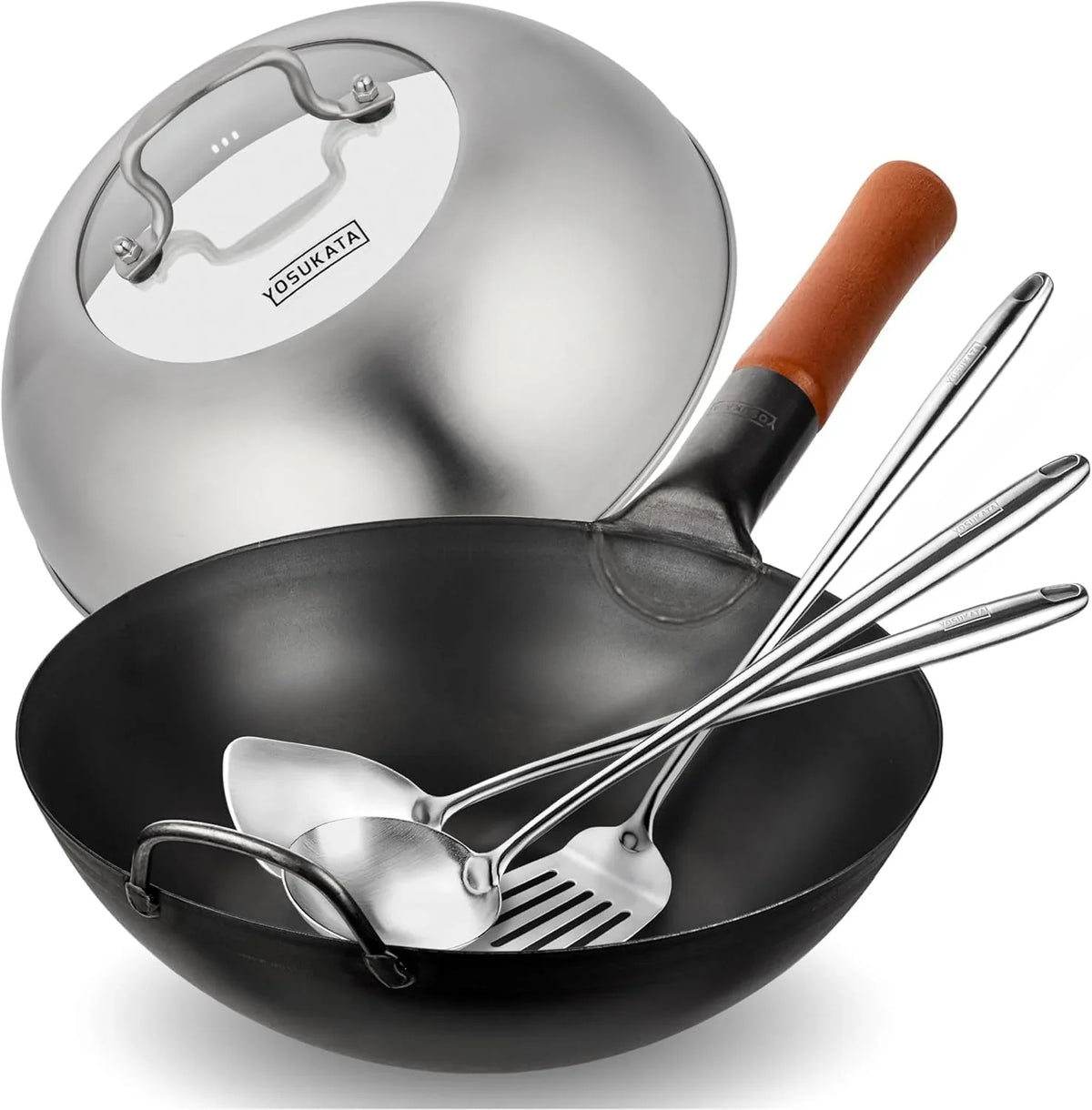 carbon-steel-11-8-stir-fry-wok-pan-pre-seasoned-chinese-wok-with-flat-bottom-wok-lid-11-4-in-premium-stainless-wok-cover-with-tempered-glass-insert-17-wok-spatula-and-ladle
