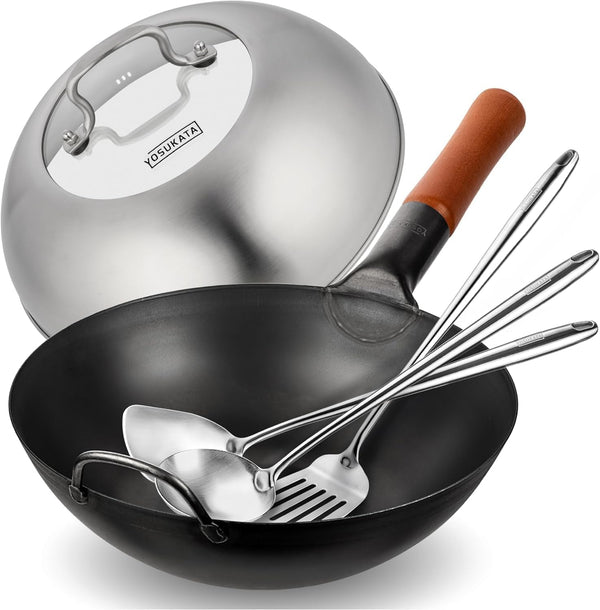 Carbon Steel 11.8" Stir Fry Wok Pan - Pre-Seasoned Chinese Wok with Flat Bottom + Wok Lid 11.4 in - Premium Stainless Wok Cover with Tempered Glass Insert + 17" Wok Spatula and Ladle1