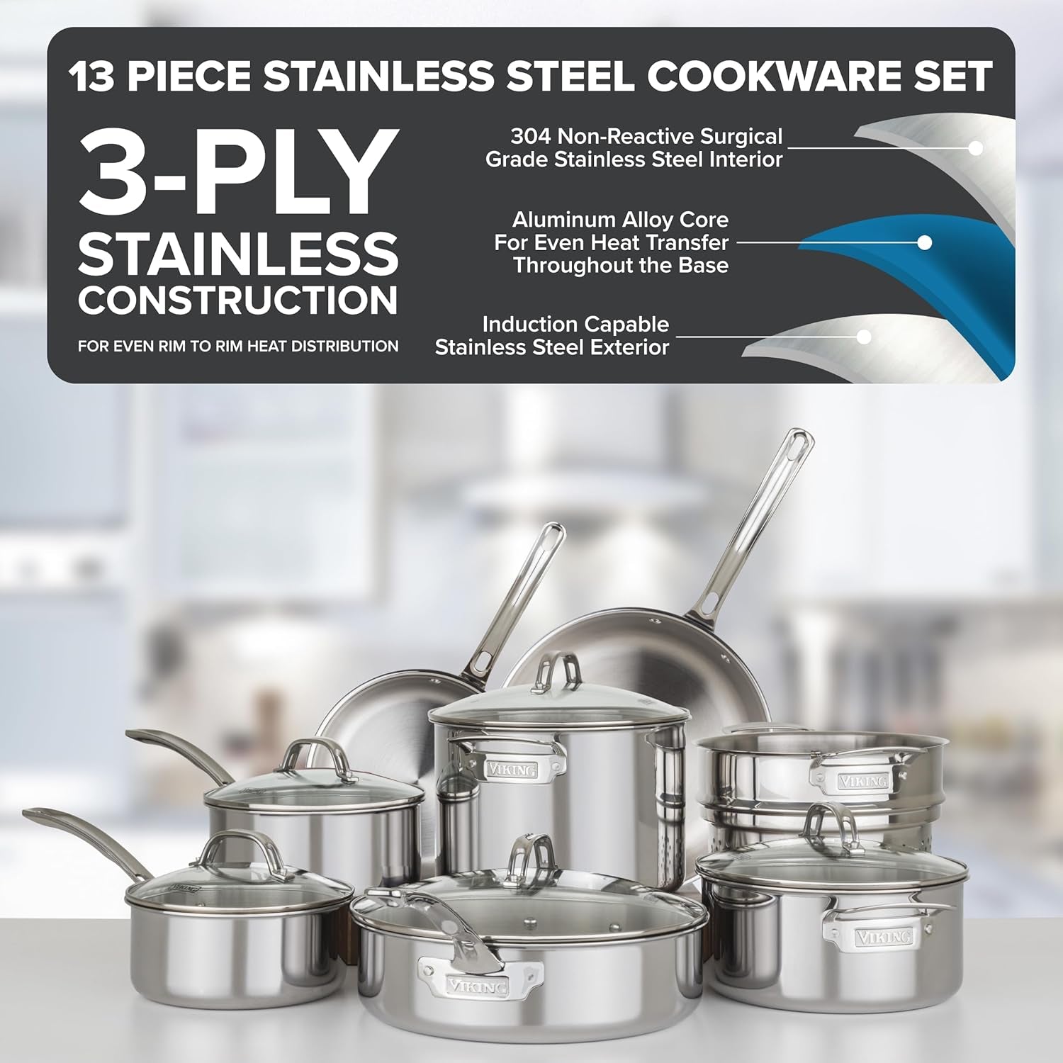 viking-3-ply-pots-and-pans-set-13-piece-stainless-steel-cookware-glass-lids-strainer-silver