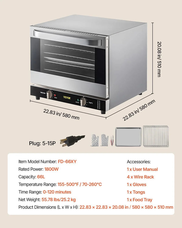 Commercial Convection Oven, 66L/60Qt, Half-Size Conventional Oven Countertop, 1800W 4-Tier Toaster W/Front Glass Door, W/Trays Wire Racks Clip Gloves, 120V | 60Qt, 1800W, 4-Tier Toaster,Front Glass Door, Electric Baking Oven with Tray & Wire Racks Included, for Bakery, 120V, 5-15P8