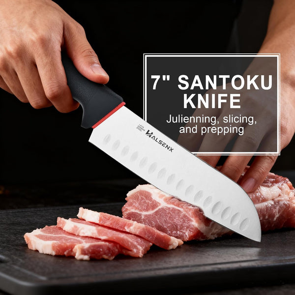 5-Piece Kitchen Knife Set, In-Drawer Storage & Sharpener | 4-Pc: Chef, Santoku & Utility Knives, Drawer Storage, No Block, Built-In Sharpener, Soft Non-Slip Grip, Rust-Proof Steel.4