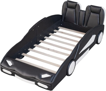 Twin Upholstered Floor Platform Bed Frame, PU Leather Day Bed with Race Car-Shaped Headboard, No Box Spring Needed, Black5
