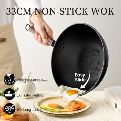 Carbon Steel Wok, 13-Inch, Pre-Seasoned, Non-Stick, with Lid and Spatula, Flat Bottom, Ideal for Stovetop Cooking4