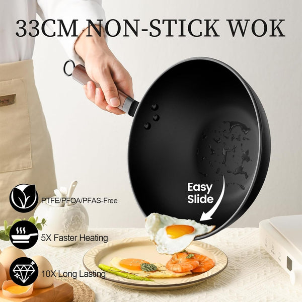 Carbon Steel Wok, 13-Inch, Pre-Seasoned, Non-Stick, with Lid and Spatula, Flat Bottom, Ideal for Stovetop Cooking4