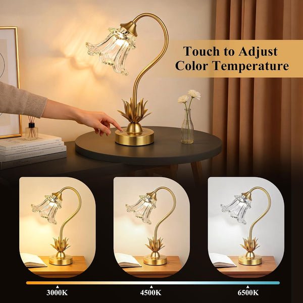 Cordless Flower Table Lamp with Glass Lampshade, 5200Mah Rechargeable Battery, 3-Color Dimmable Touch Control, Portable Desk Lamp for Nightstand, Patio, Camping, Restaurant & Home, Transparent3