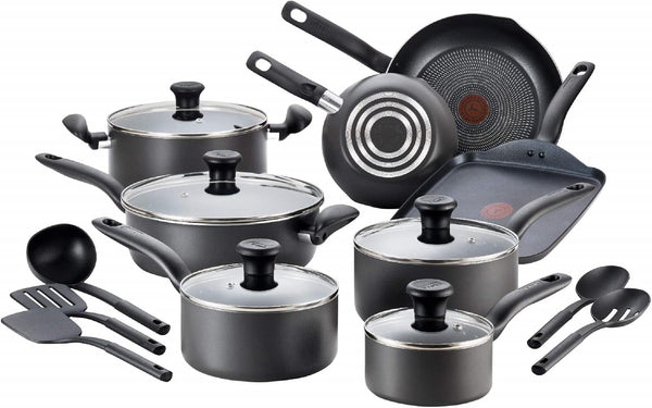 Initiatives Nonstick Cookware Set 18 Piece, Oven Broiler Safe 350F, Kitchen Cooking Set W/Fry Pans, Saucepans, Stockpots, Skillet, Spoons, Lids Pots and Pans Set Non Stick Dishwasher Safe Black1