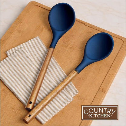 Non Stick Silicone Utensil Set with Rounded Wood Handles for Cooking and Baking, 8 Piece Set, Navy7