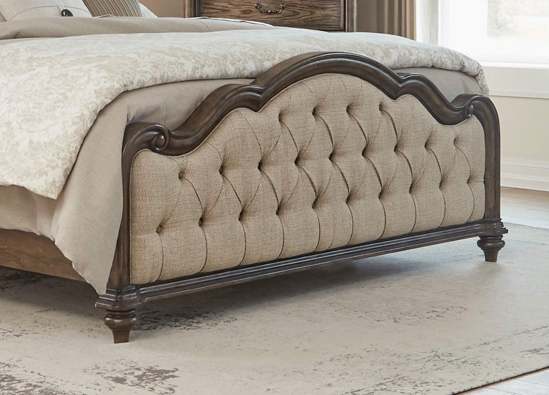 vintage-brown-oak-finish-formal-king-bed-1pc-traditional-bedroom-furniture-button-tufted-routed-edges