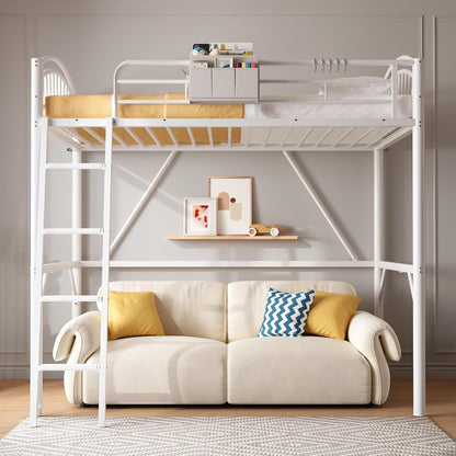 Loft Bed White Twin with Storage Bag, Metal Twin Size Loft Beds for Kids with Convertible Ladder, Safety Guard Rails and Anti-Tip Nails for Teenager，Girls or Boys (White)4