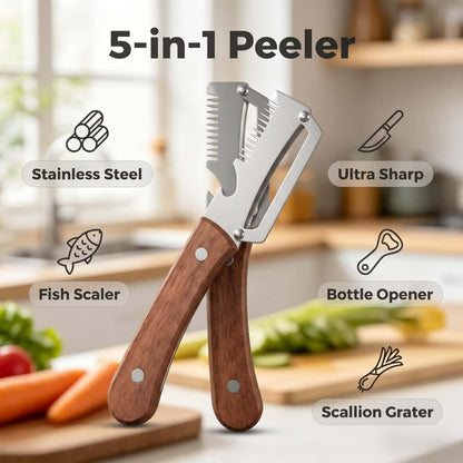 Multi Functional Vegetable Peelers for Kitchen, 4 in 1 Wooden Handle Stainless Steel Peeler (Peelers Shreddingbottle Openerscaling Fish) for Fruit Veggie Potato Pumpkin, Gifts for Mom (W2Pcs）2