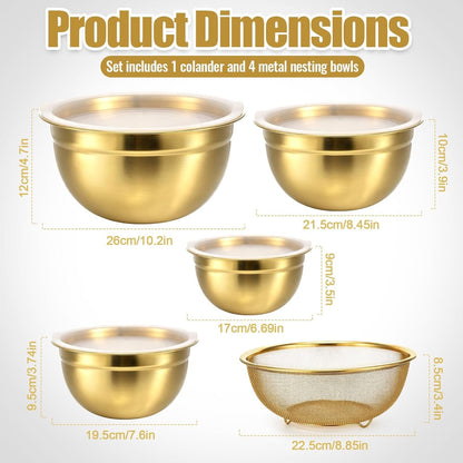 5PCS Gold Mixing Bowls Set - Stainless Steel Bowls with Lids and Colander Kitchen Set Mixing Bowls with Lids Set - Gold Kitchen Accessories 5-Piece, Stainless Steel Mixing Bowls with Colander2