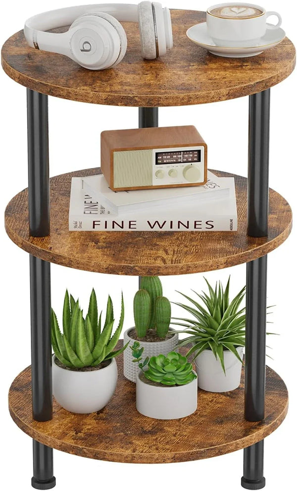 Side Table Living Room, Small round End Table, 3 Tiers Accent Table for Small Spaces, Rustic Brown7