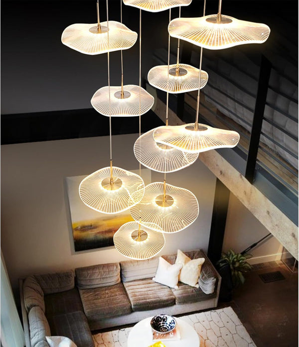 High Ceiling Chandelier - 24-Light Dimmable Modern Gold Long Spiral Luxury Linear Lotus Leaf Led Lamp Hanging Pendant Lights for Foyer Enterway Staircase Villas1