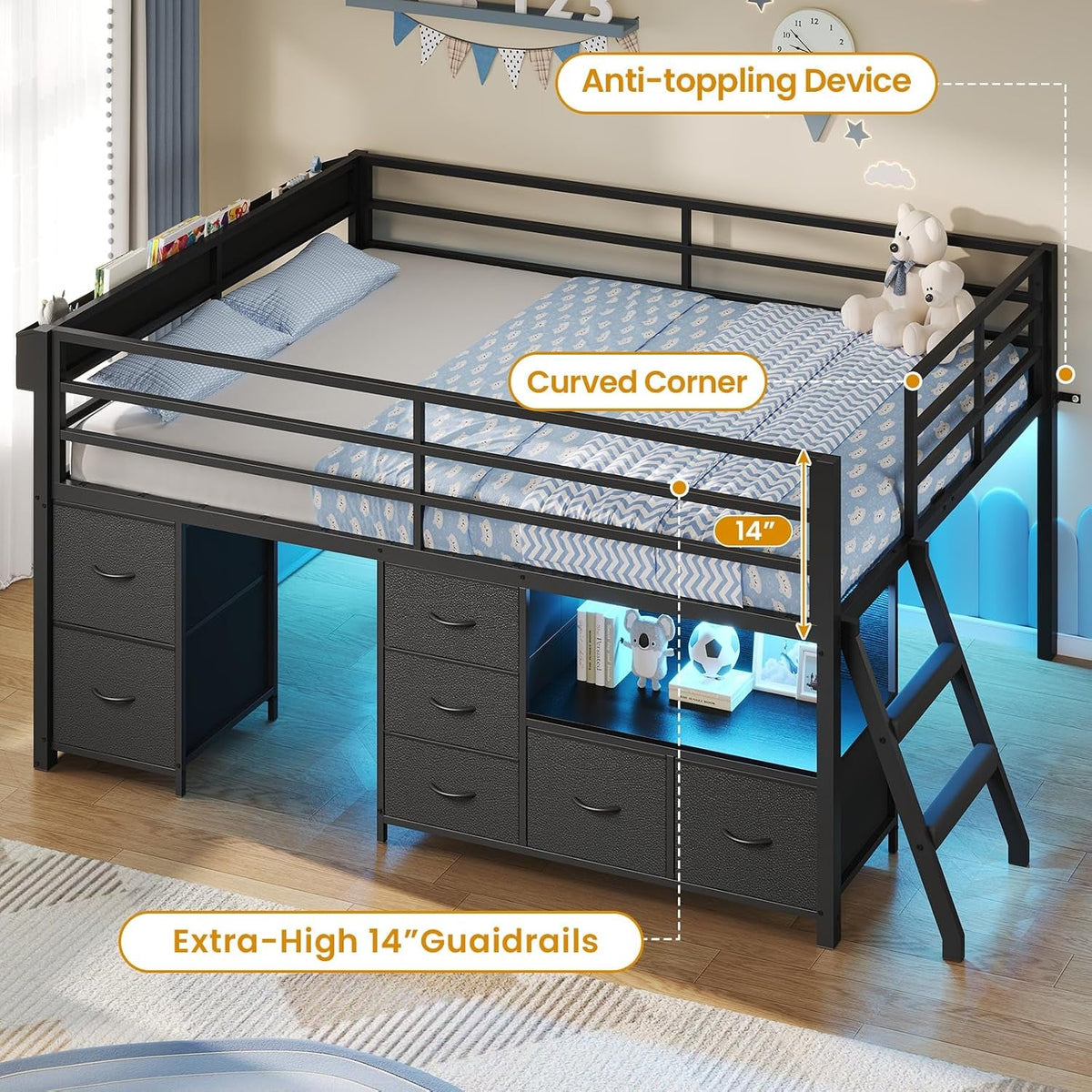 kids-low-loft-bed-full-with-7-drawers-bookcase-safety-guardrail