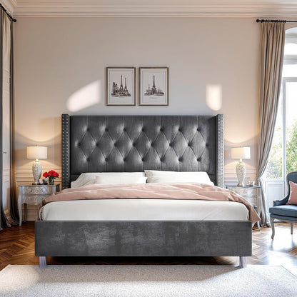 Queen Velvet Bed Frame with 49.2" Tall Wingback Headboard, Grey9