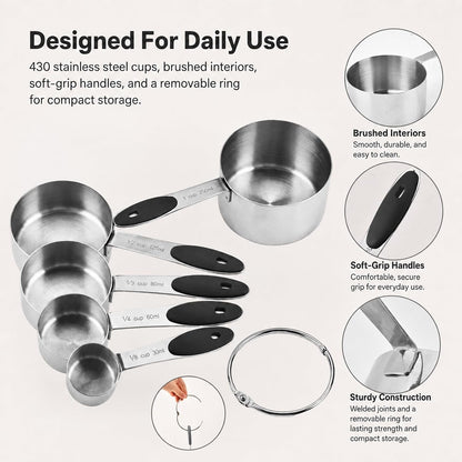 5-Piece Stainless Steel Measuring Cups with Non-Slip Handles, Kitchen Measuring Cups for Dry & Liquid Ingredients, Cooking & Baking, 1/8, 1/4, 1/3, 1/2 & 1 Cup, Black5