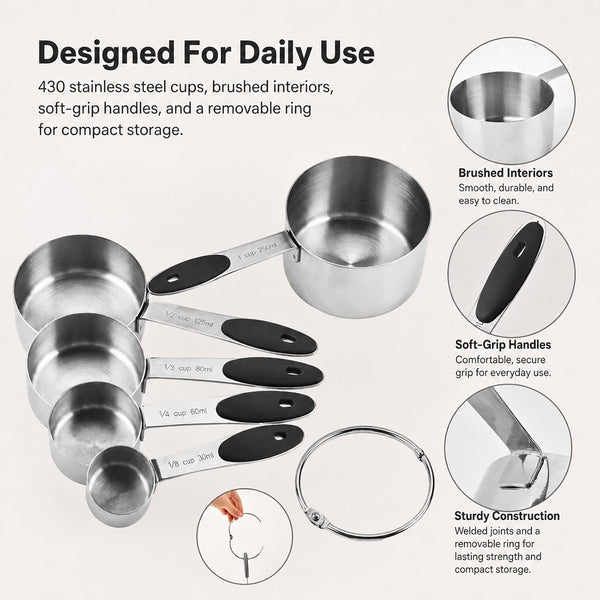 5-Piece Stainless Steel Measuring Cups with Non-Slip Handles, Kitchen Measuring Cups for Dry & Liquid Ingredients, Cooking & Baking, 1/8, 1/4, 1/3, 1/2 & 1 Cup, Black5