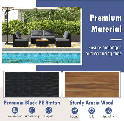 5 Pieces Wicker Patio Furniture Set, Outdoor 4 Armless Rattan Sofa & Coffee Table Set, with Cushions, Acacia Wood Tabletop, Sectional Patio Conversation Set for Lawn, Yard, Poolside, Grey5