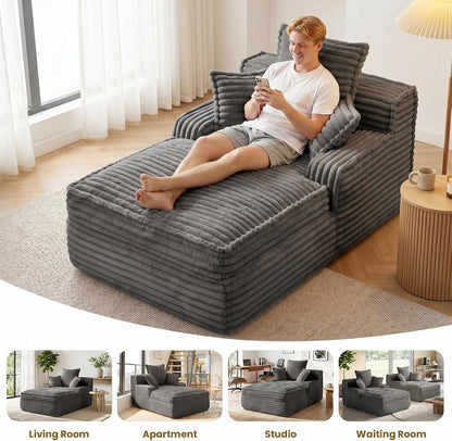 57 Inch Chaise Lounge Chair Indoor, Corduroy Upholstered Boneless Sofa Bed, Deep Seat Sleeper Couch Reading Chairs, Small Comfy Cloud Sofas Couches for Living Room, Bedroom, Grey6