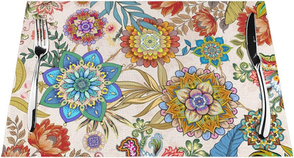 Boho Floral Placemats Set of 4 Linen 12"X18" Colorful Flowers Table Mats for Kitchen Dining Table Holiday Party Heat Resistant Washable Spring Summer Farmhouse Bohemian Mandala Place Mats2