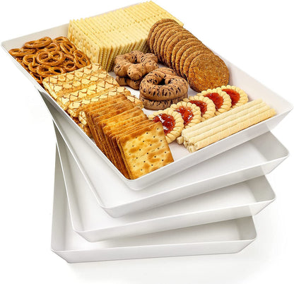 4-Pack Plastic 16" X 11" Large White Serving Trays Set - Reusable Serving Platters for Cookie, Appetizer, Charcuterie, Snack, Dessert, Party Food Display - Stackable Kitchen Countertop Tray, BPA Free1