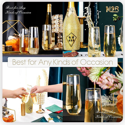 12PCS Plastic Champagne Flutes, 9 Oz Disposable Stemless Mimosa Glasses | Gold Rim, Fancy Wine & Cocktail Cups, Shatterproof, Bpa-Free, for Party, Wedding, Birthday, Bar, Bridal Shower & Toasting6