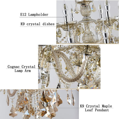 Luxury Cognac Crystal Chandelier 18 Lights,Contemporary K9 Crystal Ceiling Chandelier Lighting Fixture Candle Style E12 Base for Dinning Living Room Bedroom Hallway (18 Lights)4