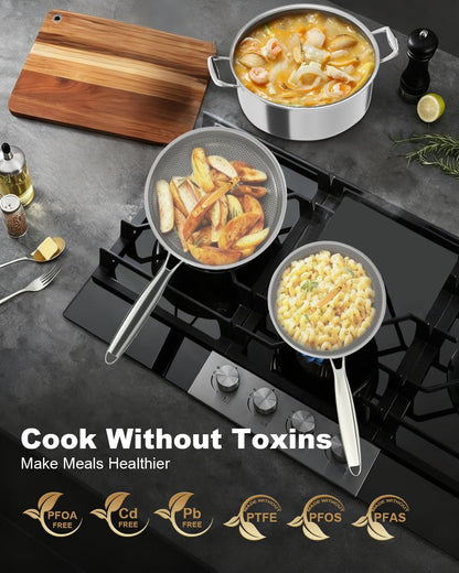 5 Pcs Stainless Steel Cookware Set, 9.5In Non Stick Frying Pan, 5-Quart Soup Pot & 2.3-Quart Sauce Pan with 2 Lids, Stay-Cool Handles, Dishwasher & Oven-Safe, Induction Compatible, Silver4