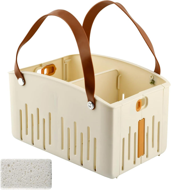 Portable Shower Caddy with Cleaning Sponge, Foldable Shower Storage Basket with Handle and Adjustable Divider, Quick Dry Bathroom Organizer Bin for Bathroom,Dorm,College,Camp,Travel(Color:Cream)9