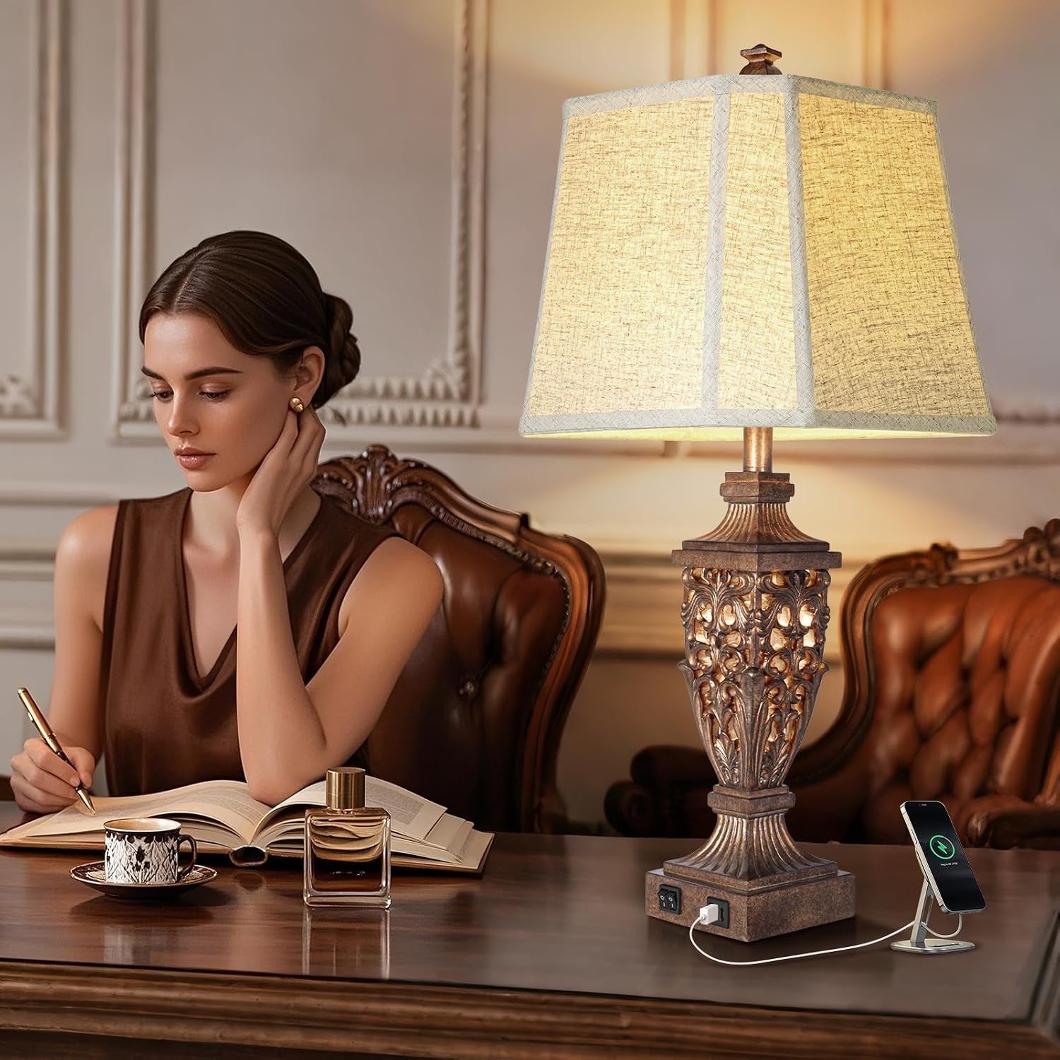 vintage-resin-table-lamps-with-night-light-for-bedroom-living-room-28-5-tall-night-light-farmhouse-table-lamps-set-of-2-with-usb-a-c-charging-ports-linen-shade-bulb-included-bedside-lamp
