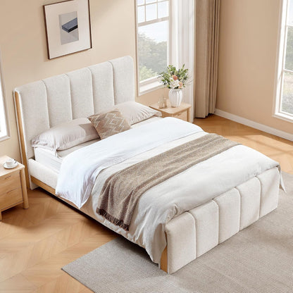 CHITA King Size Chenille Upholstered Platform Bed with Headboard, Cream7