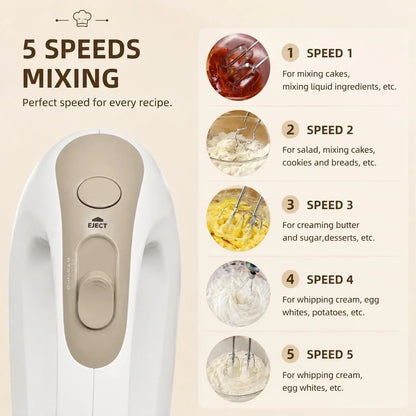Electric Hand Mixer with 5 Stainless Steel Whisks,5 Speed,White | Portable Kitchen Mixer Electric Whisk with 4 Stainless Steel Mixing Bowls, Measuring Cups, Spoons & Silicone Spatula5