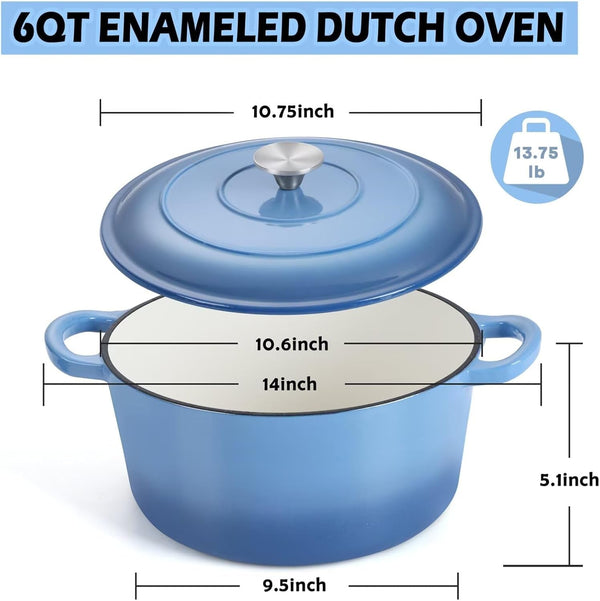 6QT Dutch Oven with Lid, Enameled Nonstick Cast Iron Dutch Oven | Cooking Pot for Stewing Baking Braising, Various Stoves & Oven Safe, Toxic Free & Solid, Dual Handles & Easy Cleanup - Blue3