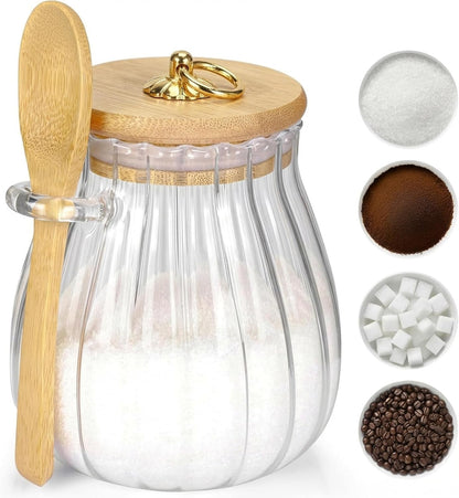Sugar Container with Bamboo Lid and Spoon,15 Oz Sugar Bowl Glass Jar | Coffee Bar Accessories Coffee Canister Kitchen Decor Housewarming Gift Christmas Refillable Design1