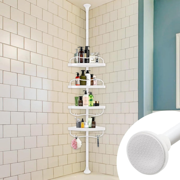 Corner Shower Caddy Tension Pole, Rustproof Bathtub Storage Organizer with 4 Adjustable Shelves, Bathroom Shower Rack Shampoo Holders for inside Shower, 40"-120" Floor to Ceiling Shower Caddy White1