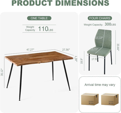 Dining Table Set for 4, Modern Wood Irregular Rectangle Dining Table, Linen Fabric Dining Chairs 4,Table and Chairs Set of 4 for Kitchen Dining Room, Green7