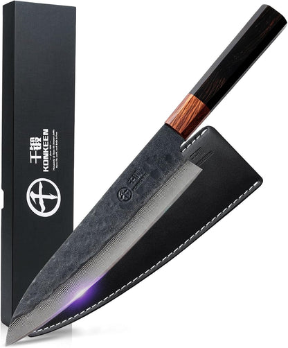 Japanese Chef Kitchen Knife, 8 Inch Black Gyuto, Hand Forged 67 Layers Damascus Steel VG10 Core, Ultra Sharp, Rosewood & Ebony Handle, Leather Sheath,A Thoughtful Father Day Gifts for Men1