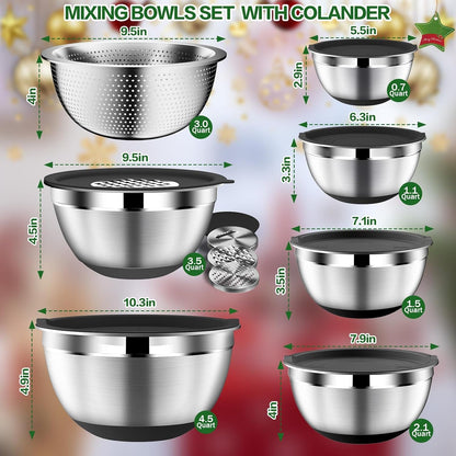 Mixing Bowls with Lids Set - 16Pcs Stainless Steel Mixing Bowl Set with Colander, 3 Grater Attachments, Non-Slip Bottom, Metal Nesting Bowls with Strainer for Mixing & Serving - Black2