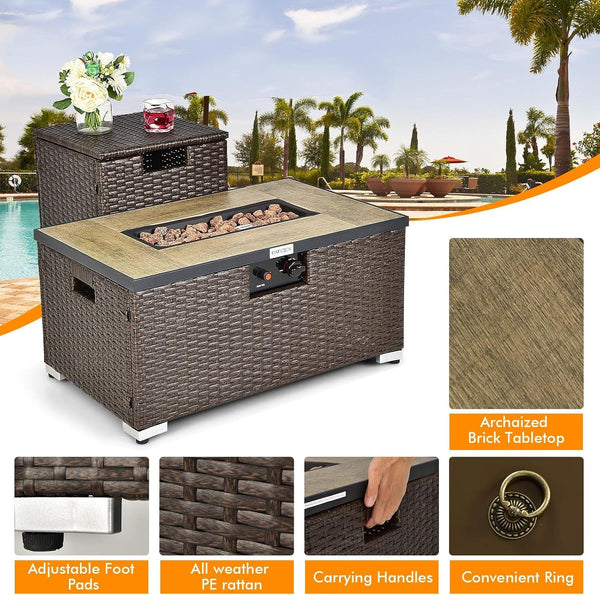 8 Piece Outdoor Wicker Sofa Set, Patio Rattan Conversation Set W/32” Propane Fire Pit Table & Tank Holder, 40,000 BTU Heat Output, Cozy Seat & Back Cushions, Fire Pit PVC Cover (Turquoise)6